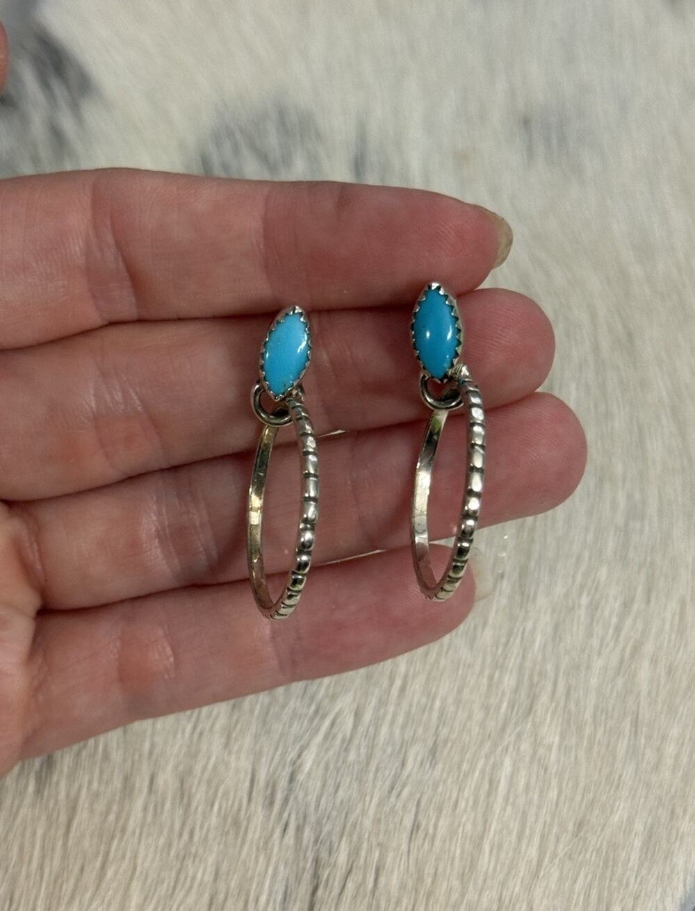 Sterling Silver Blue Turquoise Single Stone Post Spinning Hoop Earrings Moveable